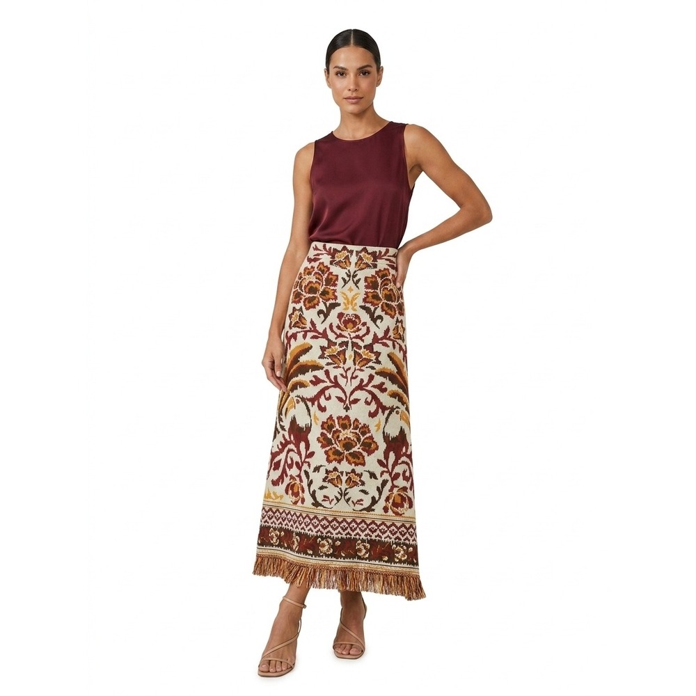 Farm Rio Toucan Tapestry Knit Maxi Skirt Burgundy Ochre Fringed Hem XXS